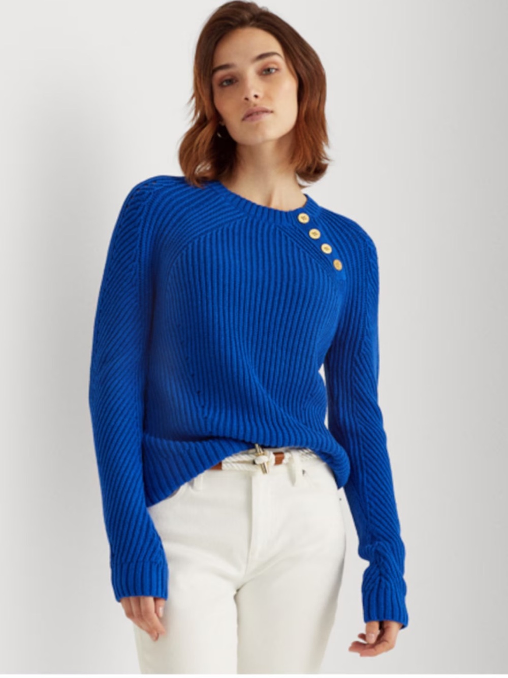 Lauren Ralph Lauren Chunky Knit Cotton Nautical Gold Button Blue Sweater - Large